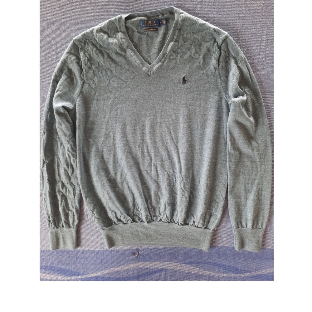 Polo Ralph Lauren Men Medium Washable‎ Merino Wool V-Neck Pullover Sweater Grey